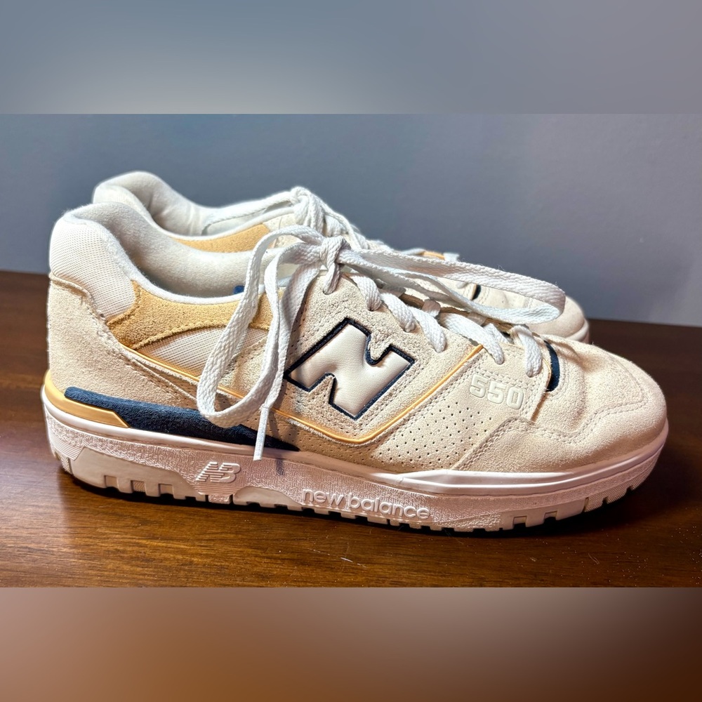 New Balance 550 Beige and Navy Suede Sneakers